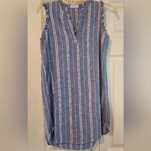 Linen Shift Dress XS Tunic Blue Stripe Sleeveless Chambray Nautical Coastal Prep